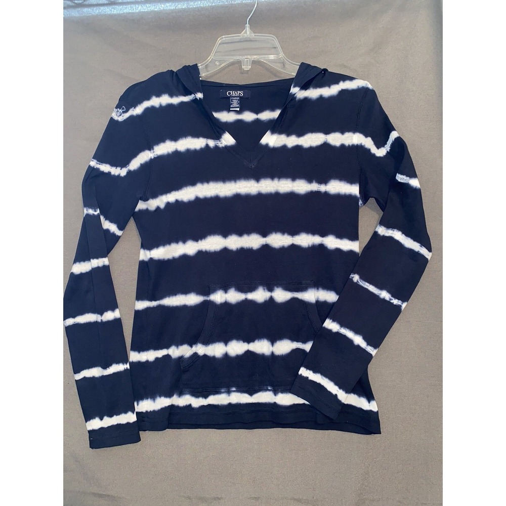 Chaps Womens Size S Petite Tye Dye Long Sleeve Pullover Navy-White Hoodie-Pocket
